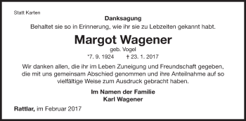 Traueranzeige von Margot Wagener von Waldeckische Landeszeitung