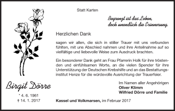 Traueranzeige von Birgit Dörre von Waldeckische Landeszeitung