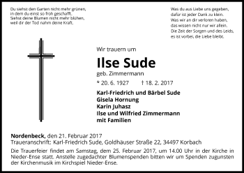 Traueranzeige von Ilse Sude von Waldeckische Landeszeitung