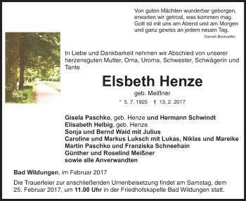 Traueranzeige von Elsbeth Henze von Waldeckische Landeszeitung