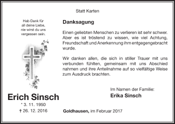 Traueranzeige von Erich Sinsch von Waldeckische Landeszeitung