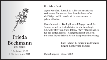 Traueranzeige von Frieda Beckmann von Waldeckische Landeszeitung