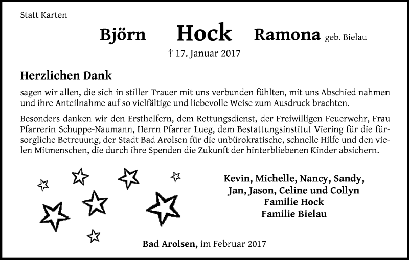  Traueranzeige für Björn und Ramona Hock vom 25.02.2017 aus Waldeckische Landeszeitung