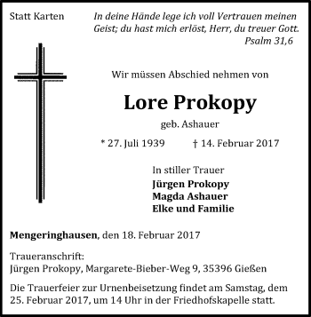 Traueranzeige von Lore Prokopy von Waldeckische Landeszeitung