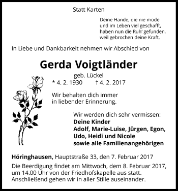 Traueranzeige von Gerda Voigtländer von Waldeckische Landeszeitung