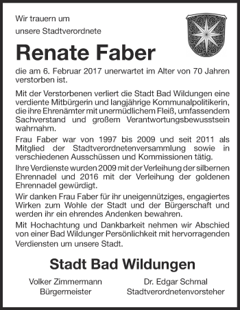 Traueranzeige von Renate Faber von Waldeckische Landeszeitung