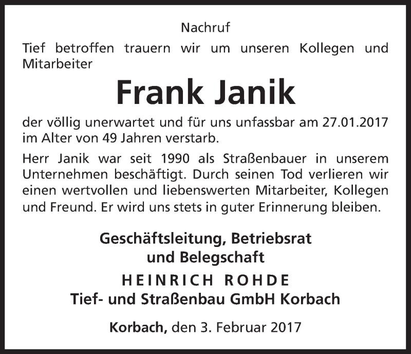  Traueranzeige für Frank Janik vom 03.02.2017 aus Waldeckische Landeszeitung