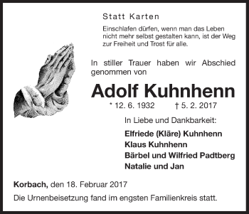 Traueranzeige von Adolf Kuhnhenn von Waldeckische Landeszeitung