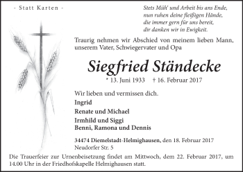 Traueranzeige von Siegfried Ständecke von Waldeckische Landeszeitung