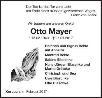 Traueranzeige von Otto Mayer von Waldeckische Landeszeitung