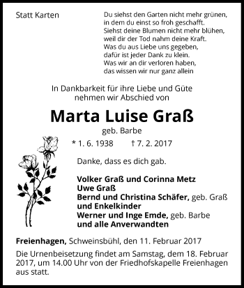 Traueranzeige von Marta Luise Graß von Waldeckische Landeszeitung