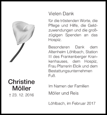 Traueranzeige von Christine Möller von Waldeckische Landeszeitung