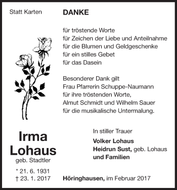 Traueranzeige von Irma Lohaus von Waldeckische Landeszeitung