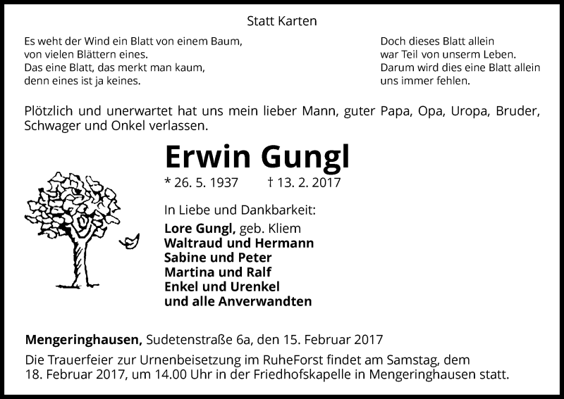  Traueranzeige für Erwin Gungl vom 15.02.2017 aus Waldeckische Landeszeitung
