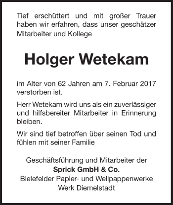 Traueranzeige von Holger Wetekam von Waldeckische Landeszeitung