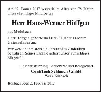 Traueranzeige von Hans-Werner Höffgen von Waldeckische Landeszeitung