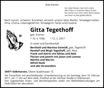 Traueranzeige von Gitta Tegethoff von Waldeckische Landeszeitung
