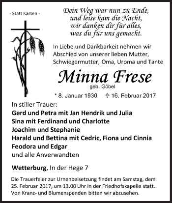 Traueranzeige von Minna Frese von Waldeckische Landeszeitung