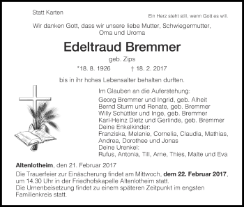 Traueranzeige von Edeltraud Bremmer von Waldeckische Landeszeitung