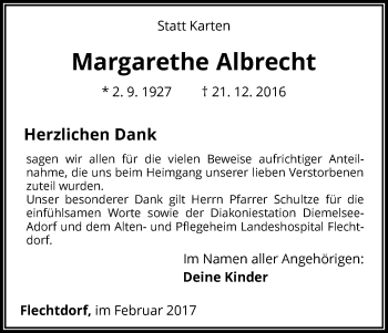 Traueranzeige von Margarethe Albrecht von Waldeckische Landeszeitung