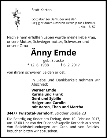Traueranzeige von Änny Emde von Waldeckische Landeszeitung