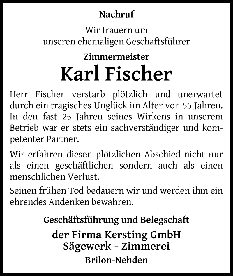  Traueranzeige für Karl Fischer vom 01.03.2017 aus Waldeckische Landeszeitung