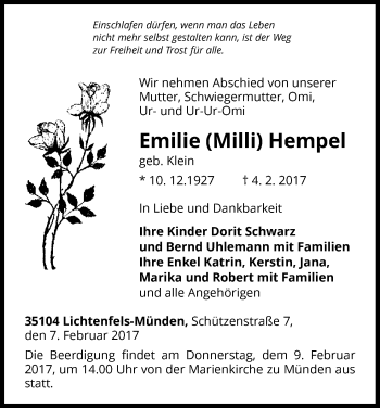 Traueranzeige von Emilie Hempel von Waldeckische Landeszeitung