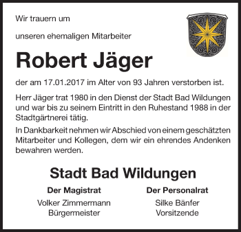 Traueranzeige von Robert Jäger von Waldeckische Landeszeitung
