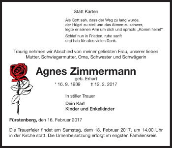 Traueranzeige von Agnes Zimmermann von Waldeckische Landeszeitung