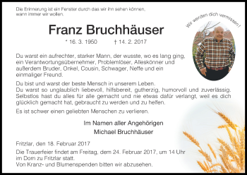 Traueranzeige von Franz Bruchhäuser von Waldeckische Landeszeitung