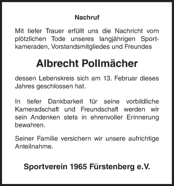 Traueranzeige von Albrecht Pollmächer von Waldeckische Landeszeitung