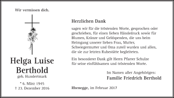 Traueranzeige von Helga Luise Berthold von Waldeckische Landeszeitung