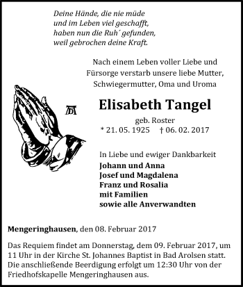 Traueranzeige von Elisabeth Tangel von Waldeckische Landeszeitung