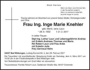 Traueranzeige von Inge Marie Knehler von Waldeckische Landeszeitung