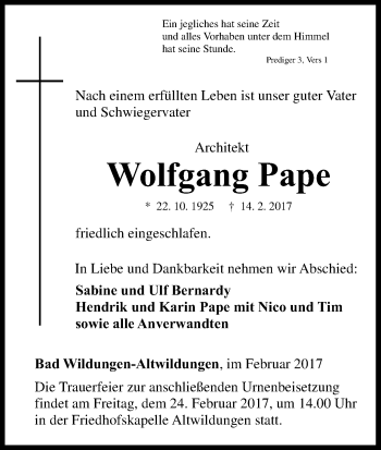 Traueranzeige von Wolfgang Pape von Waldeckische Landeszeitung