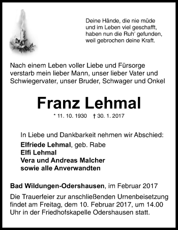 Traueranzeige von Franz Lehmal von Waldeckische Landeszeitung