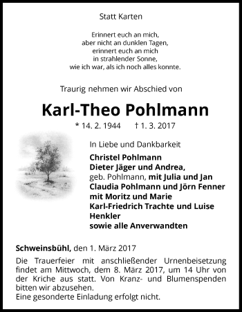 Traueranzeige von Karl-Theo Pohlmann von Waldeckische Landeszeitung