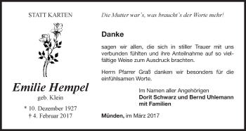 Traueranzeige von Emilie Hempel von Waldeckische Landeszeitung