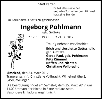 Traueranzeige von Ingeborg Pohlmann von Waldeckische Landeszeitung