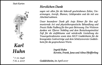 Traueranzeige von Karl Huhn von Waldeckische Landeszeitung
