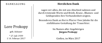 Traueranzeige von Lore Prokopy von Waldeckische Landeszeitung