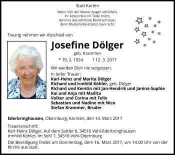 Traueranzeige von Josefine Dölger von Waldeckische Landeszeitung