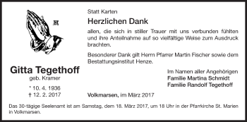 Traueranzeige von Gitta Tegethoff von Waldeckische Landeszeitung