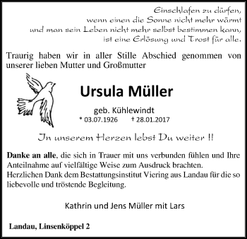 Traueranzeige von Ursula Müller von Waldeckische Landeszeitung