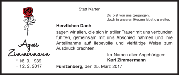 Traueranzeige von Agnes Zimmermann von Waldeckische Landeszeitung