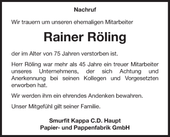 Traueranzeige von Rainer Röling von Waldeckische Landeszeitung