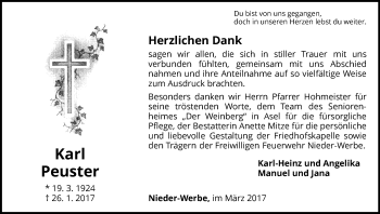 Traueranzeige von Karl Peuster von Waldeckische Landeszeitung