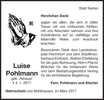 Traueranzeige von Luise Pohlmann von Waldeckische Landeszeitung