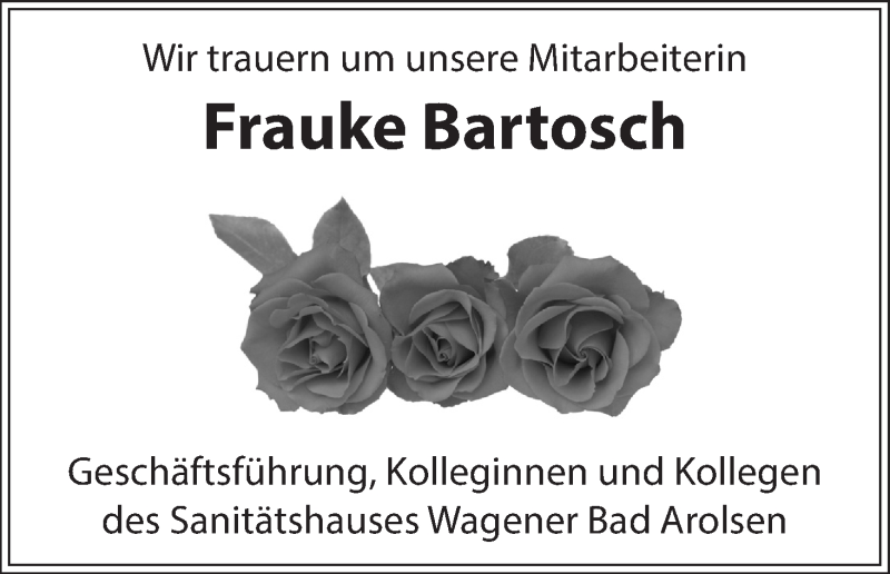  Traueranzeige für Frauke Bartosch vom 31.03.2017 aus Waldeckische Landeszeitung