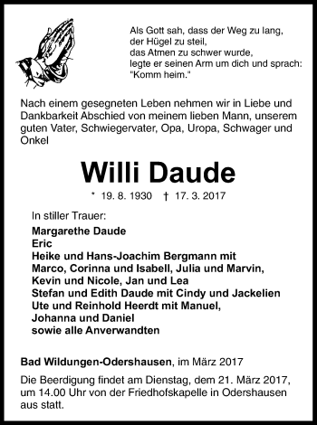 Traueranzeige von Willi Daude von Waldeckische Landeszeitung